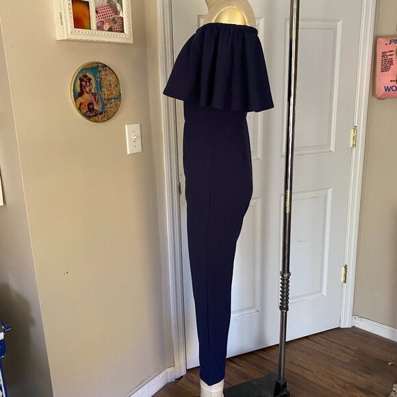 DYNAMITE Navy Cape Off-Shoulder MOD Skinny Leg ROMPER Jumpsuit *X-SMALL* - Picture 4 of 7